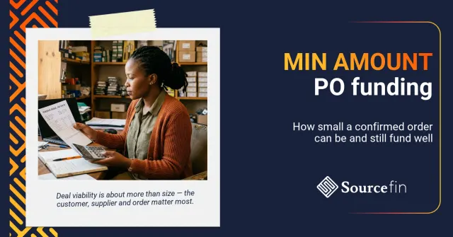 Purchase order funding minimum amount: SA SMME owner reviewing a confirmed purchase order at her workshop desk