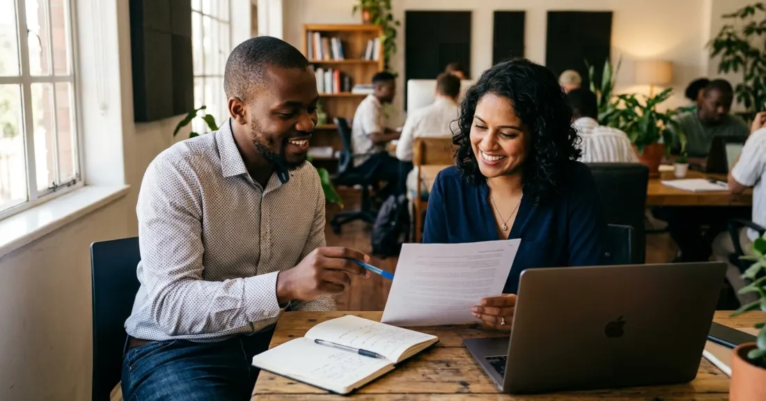 purchase order funding startups South Africa – two young South African co-founders preparing their first PO funding application together