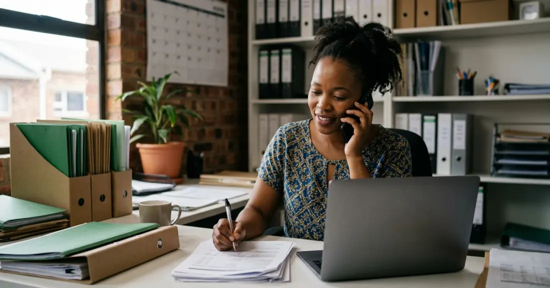 purchase order funding timeline South Africa – South African SMME owner mid-call with a Sourcefin representative discussing the deal timeline