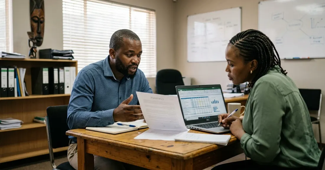 purchase order funding vs bank loan South Africa – two South African SMME co-directors comparing funding options at a meeting table