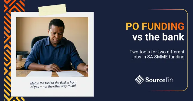 Purchase order funding vs business loan: South African SMME owner reviewing two funding options at a modest office desk