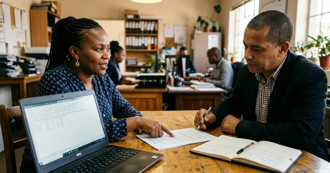 purchase order funding without collateral South Africa – South African SMME owner explaining her contract to a funding advisor