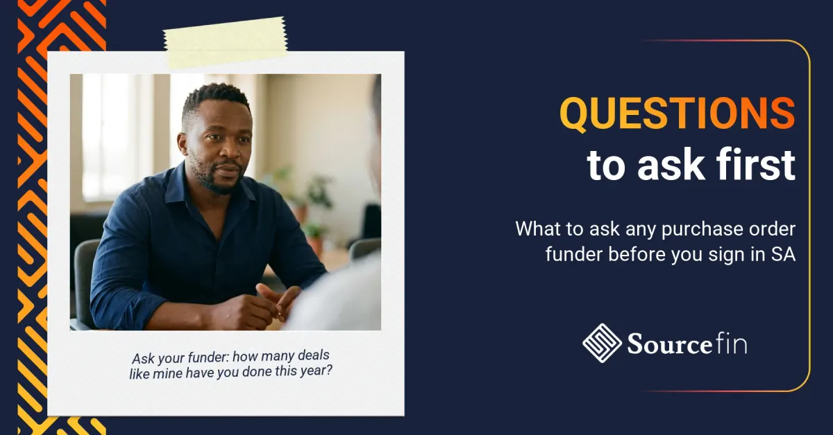 South African SMME owner asking a purchase order funder essential due diligence questions at a business meeting