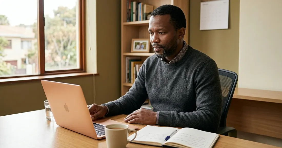 South African male SMME owner reviewing business bank account on laptop to separate business and personal finances