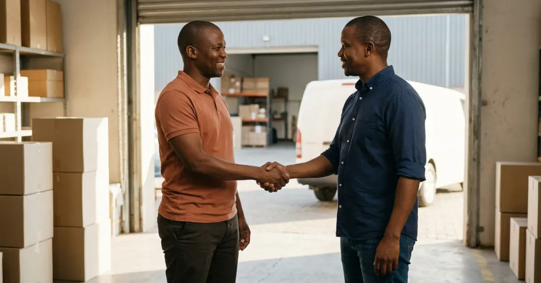 South African SMME owner shaking hands with a funding partner at a small distribution warehouse