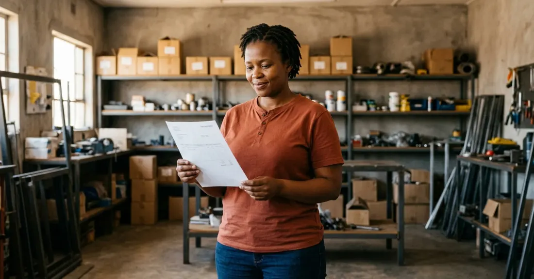 South African entrepreneur preparing a funding application with purchase order in hand