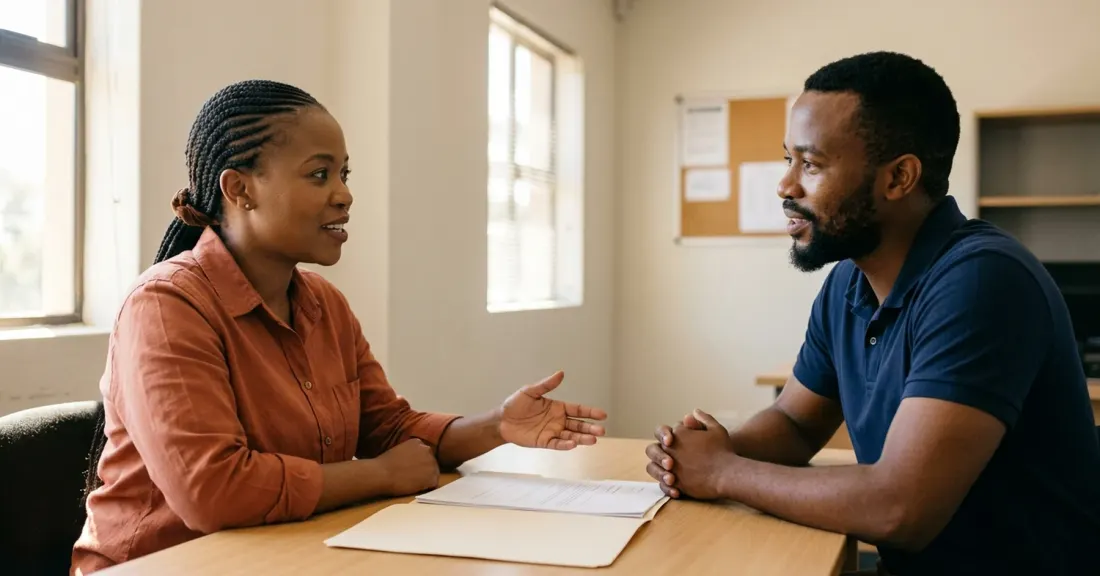 SMME funding rejection South Africa – business owner in productive meeting with alternative funder exploring next steps