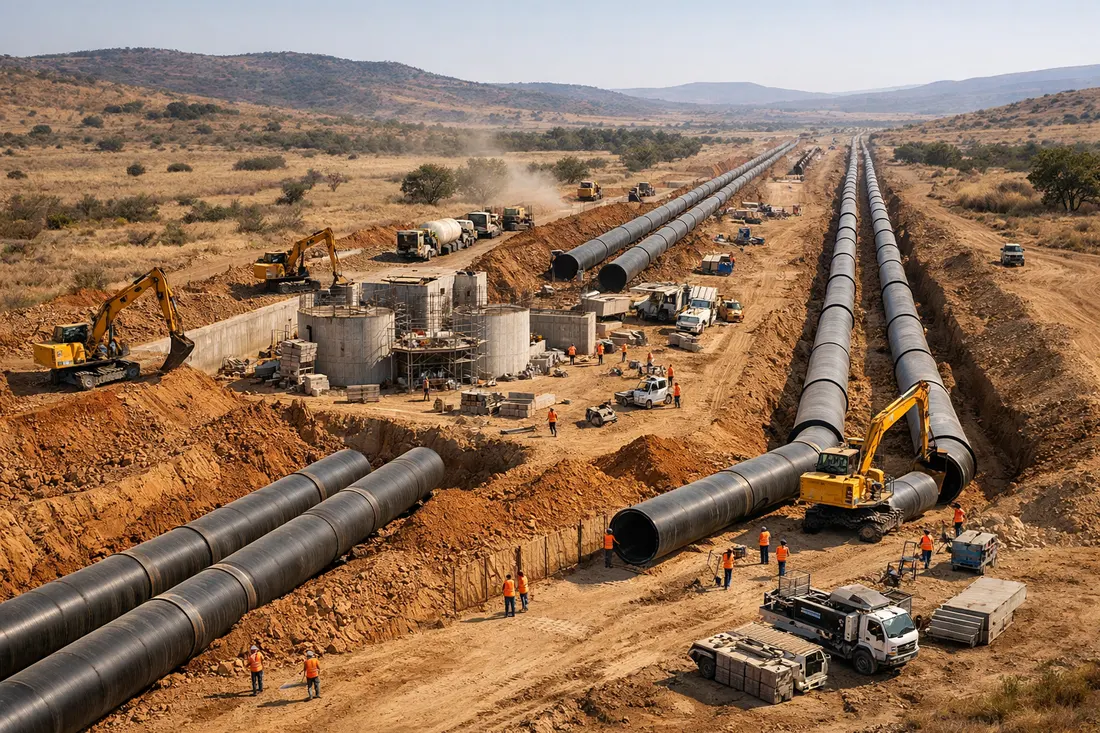 Aerial view of large-scale water pipeline construction project showing bulk infrastructure delivery