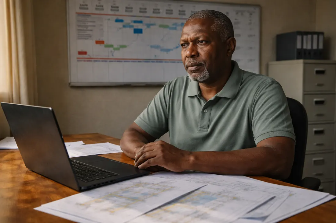 SMME contractor reviewing project finances and cash flow planning in office