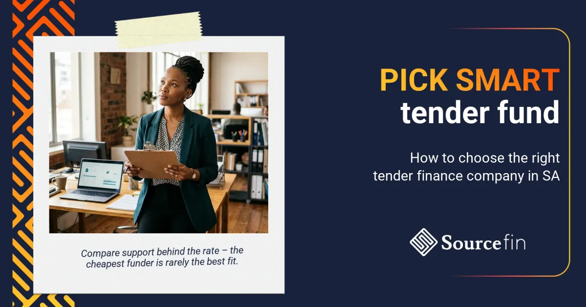 tender finance company South Africa – South African SMME owner considering tender finance options at her office desk