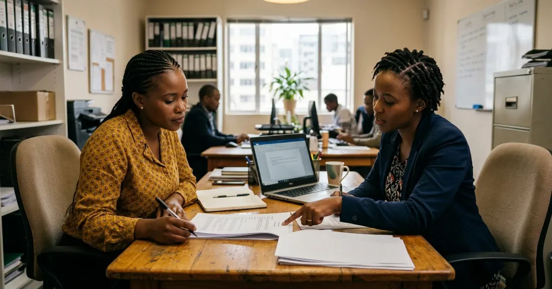tender funding requirements South Africa – South African SMME co-directors reviewing contract conditions for a tender funding application