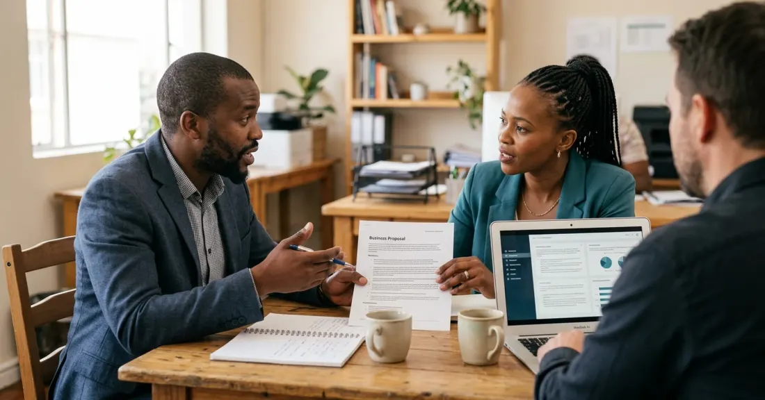 tender funding vs working capital South Africa – South African SMME co-directors discussing the choice between tender funding and a working capital loan