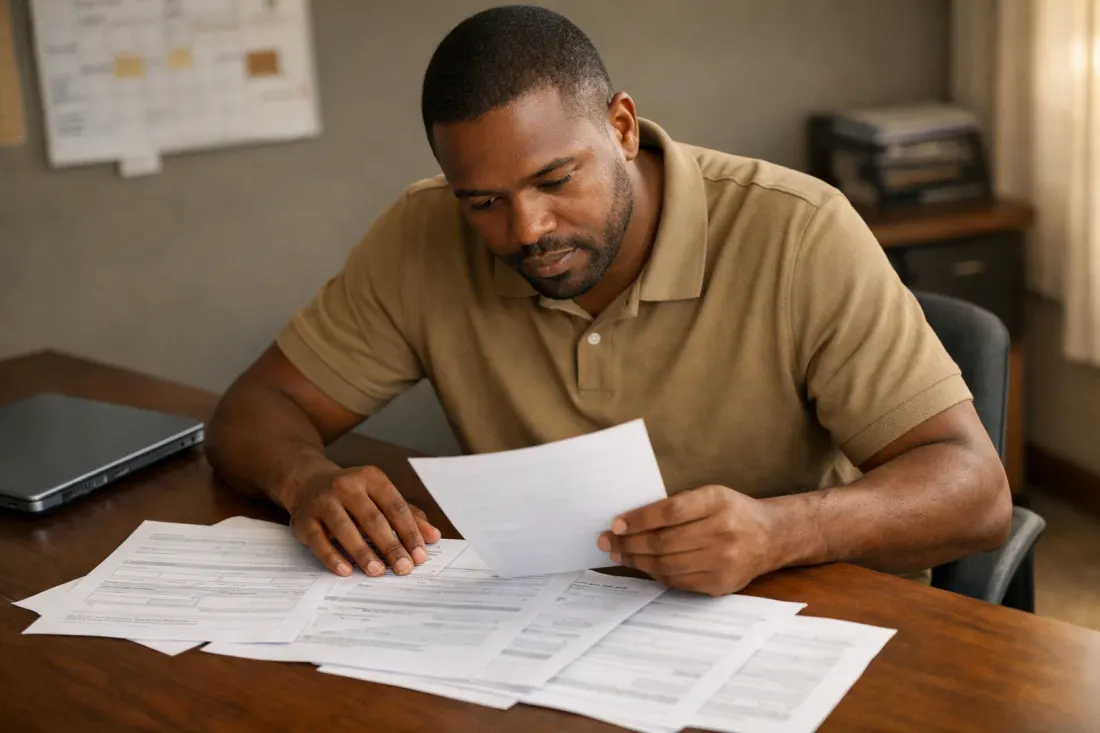 Business owner reviewing Central Supplier Database registration documents and B-BBEE certificate for government tender application