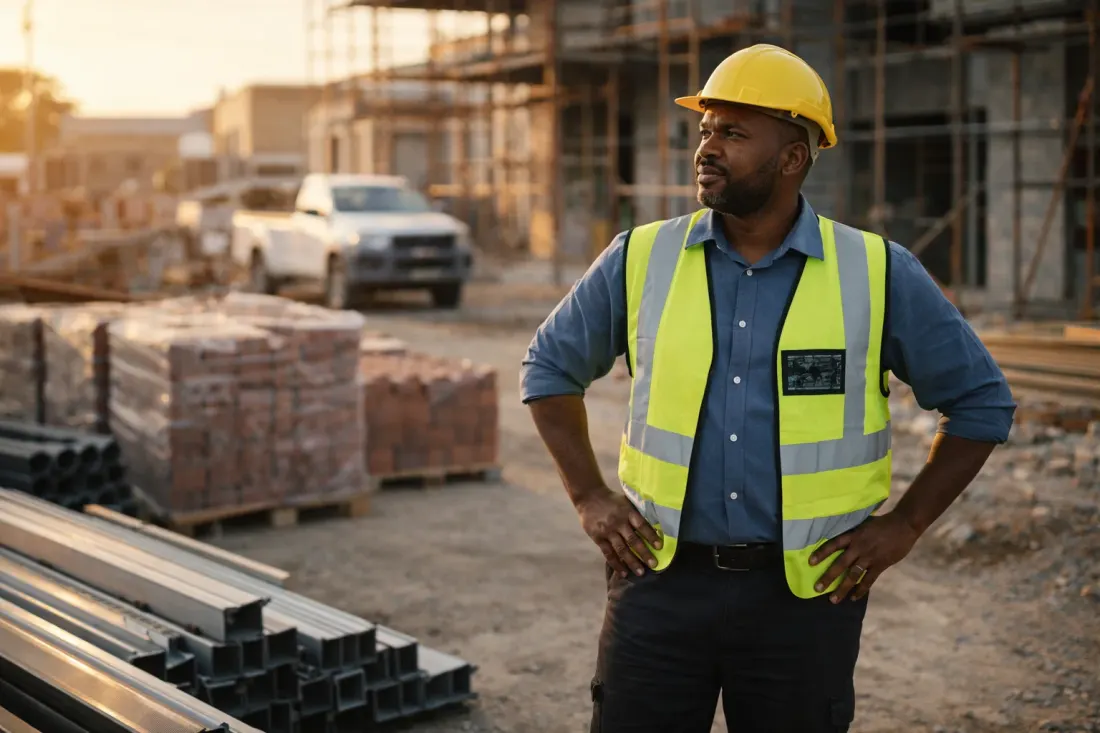 Black male contractor in hard hat overseeing government tender delivery at South African construction site with materials