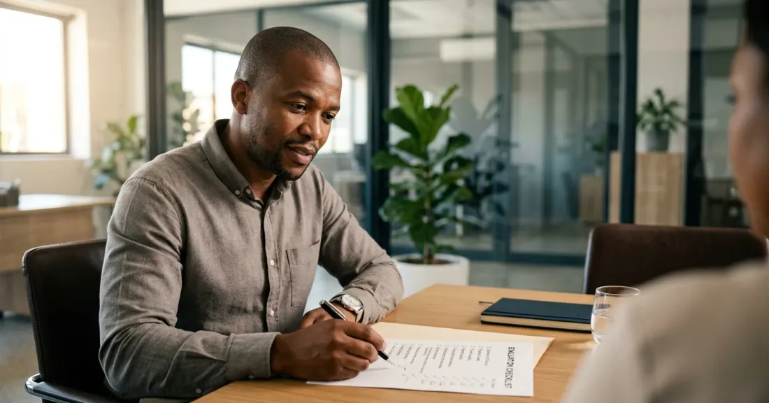 Purchase order funder criteria reviewed by South African SMME owner comparing funders at office desk
