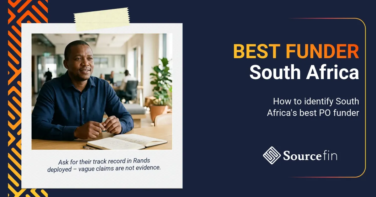 Purchase order funder evaluation meeting with South African male SMME owner at a modern business table