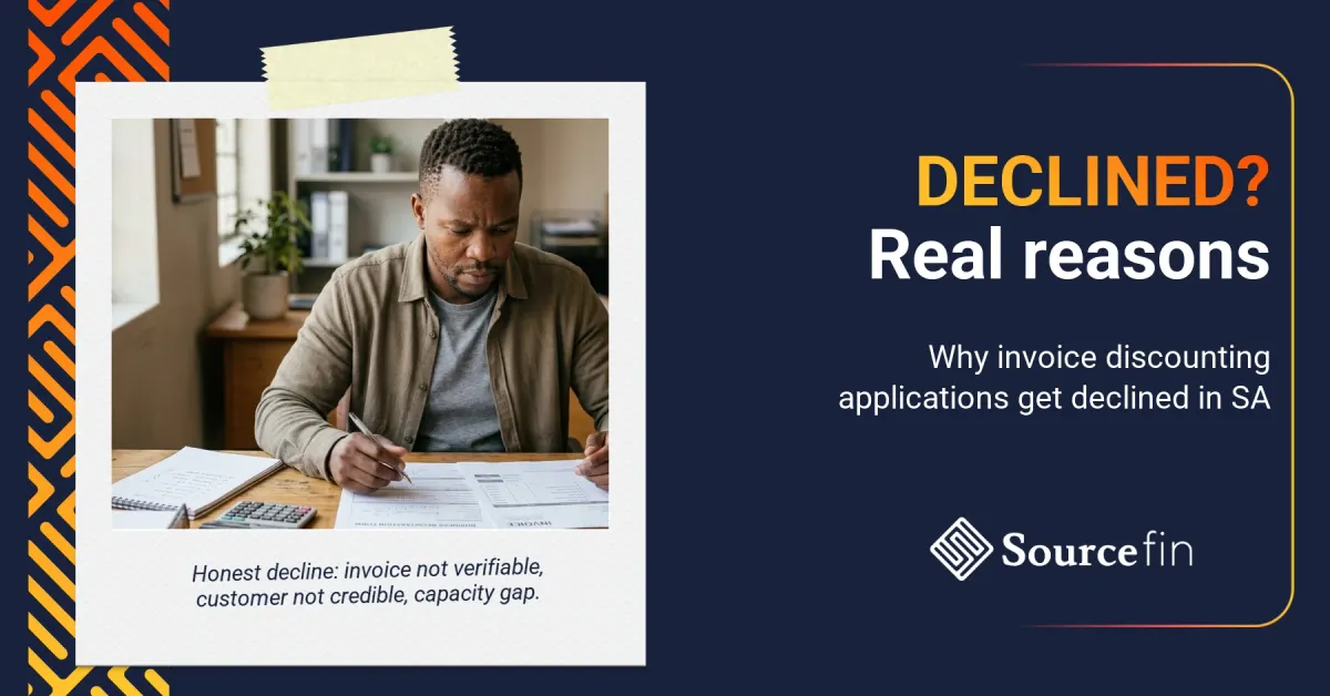 Why invoice discounting applications get declined: SA SMME owner reviewing his application paperwork at a desk