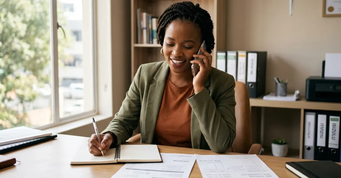 Why purchase order funding applications get declined in practice: SA SMME owner working through a supplier path issue with her supplier on a phone call