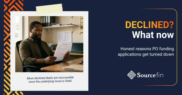 Why purchase order funding applications get declined: SA SMME owner reading a funding decision letter at his office desk