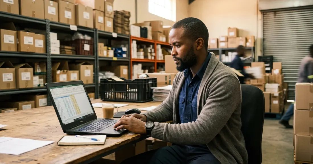 South African male SMME owner reviewing working capital finance spreadsheet at warehouse