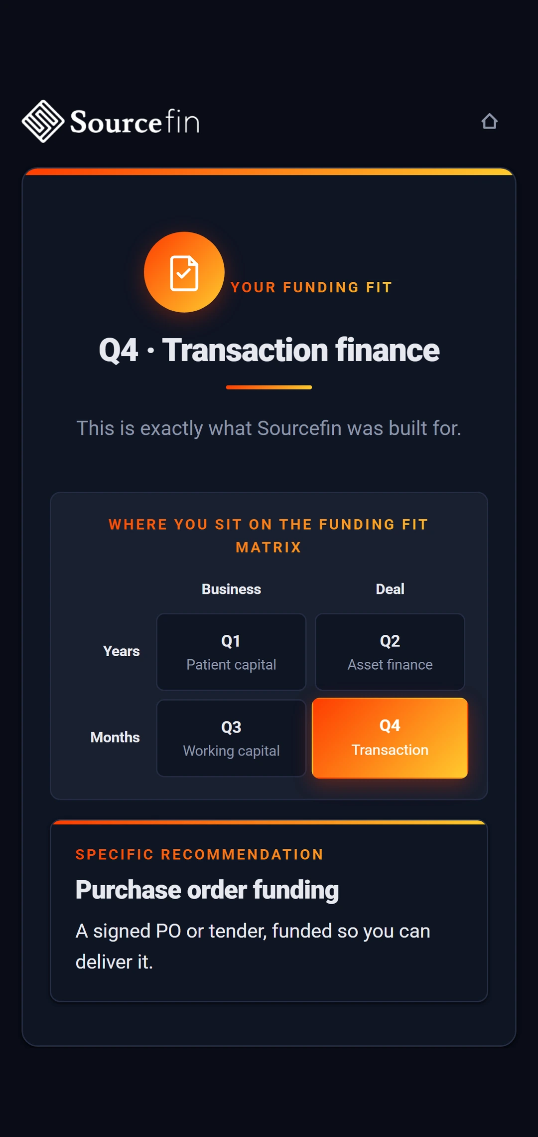 Sourcefin Funding Fit personalised result screen