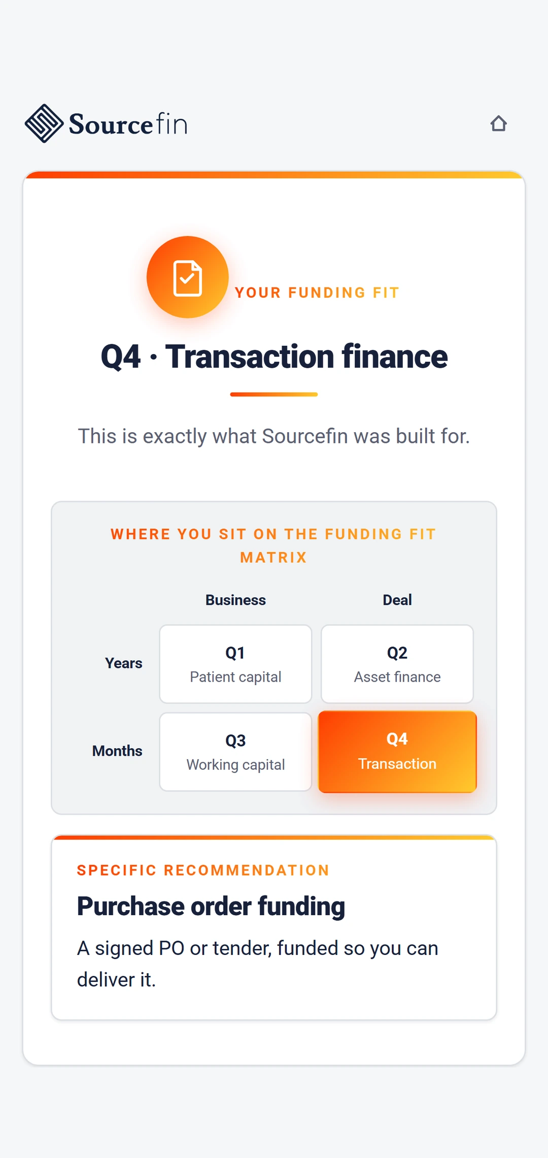 Sourcefin Funding Fit personalised result screen