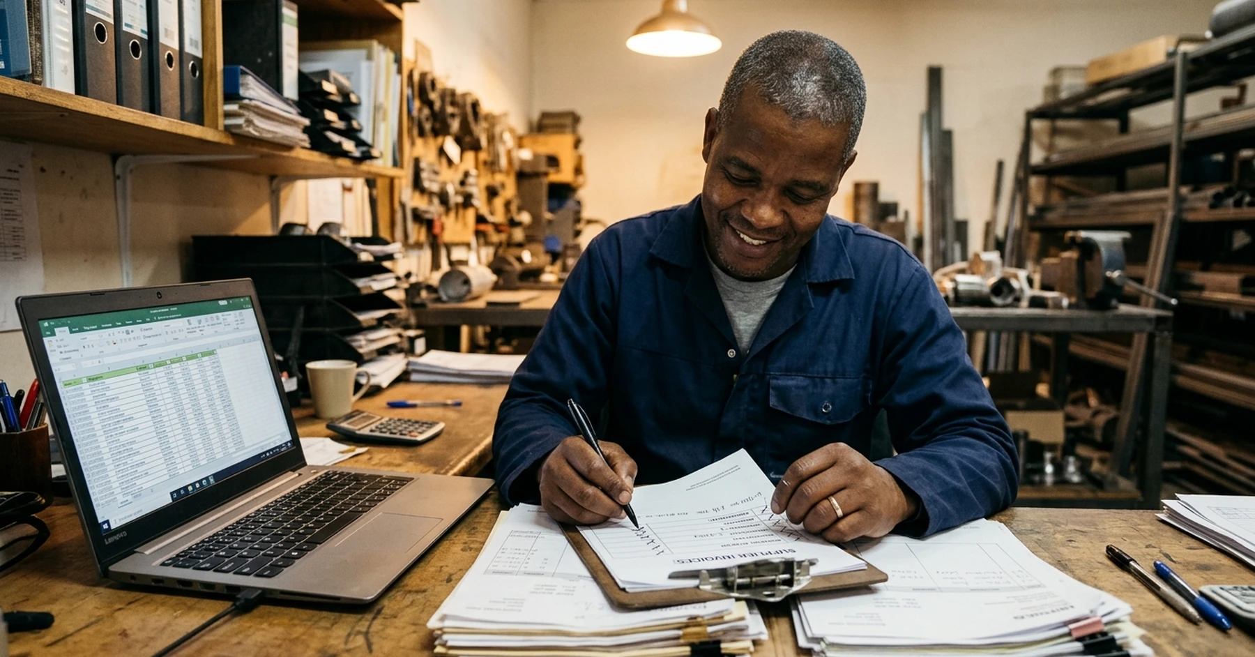 South African SME owner reviewing a confirmed purchase order, ready to deliver
