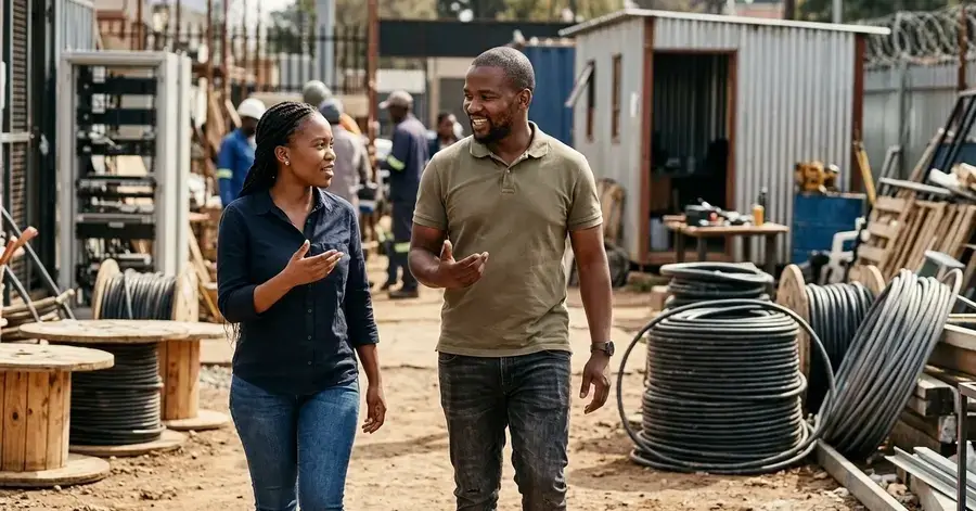 Two business owners walking and talking on site