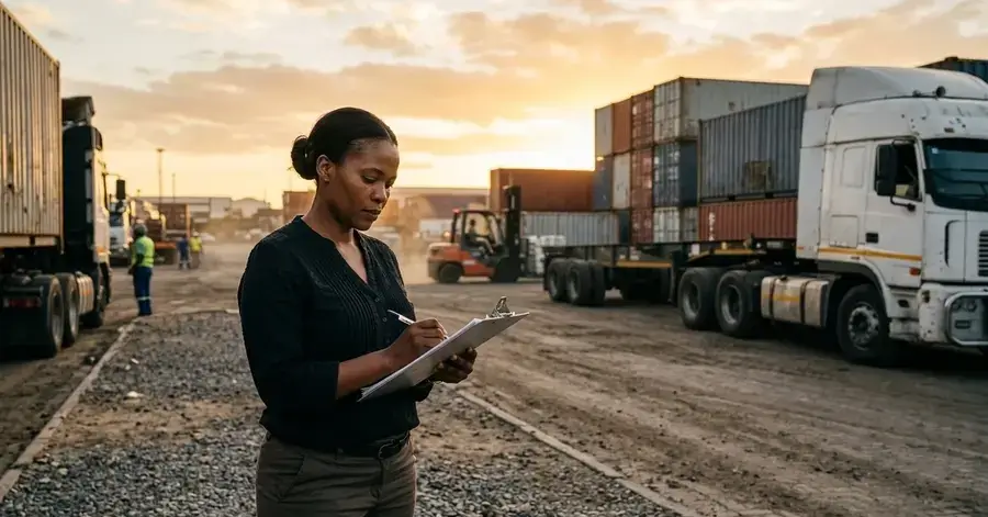 Business owner with clipboard at a container depot at dusk