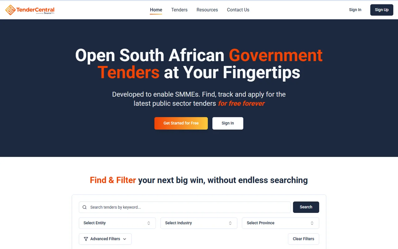 The TenderCentral platform showing open South African government tenders